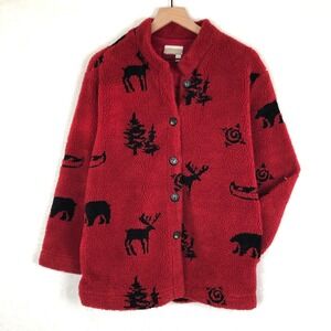 COLDWATER CREEK Fleece Jacket Women's S Red Deer Trees Bear Pockets Cozy Button‎